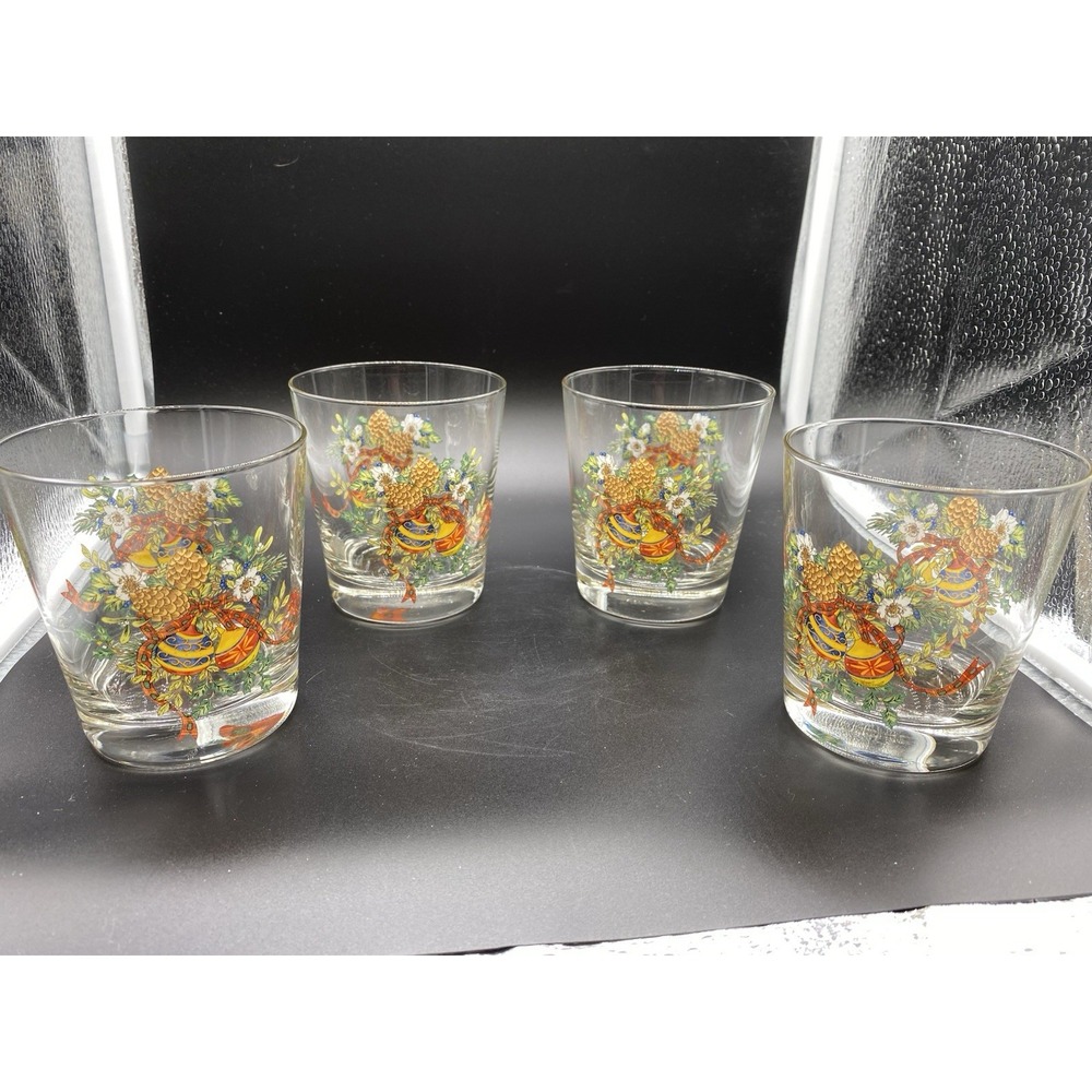Vintage Christmas Lowball Glasses Set of 4 Pinecone Ornament Holiday‎ Barware